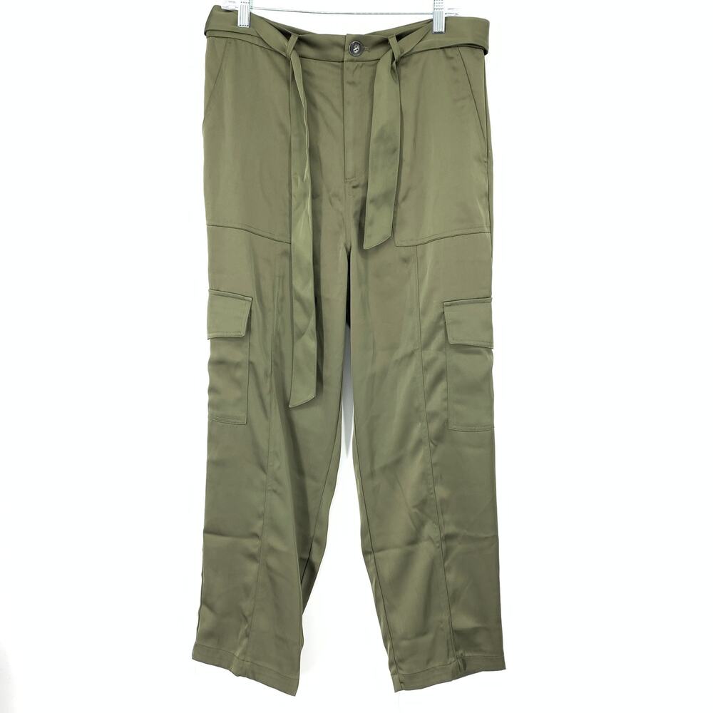 Sofia Jeans Satin Cargo Pant Belted Waist Tie Side Pockets Womens 12 Olive Green